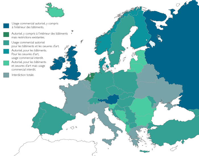 État des lieux de la liberté de panorama en Europe / Source de la carte originale: Wikimedia Commons