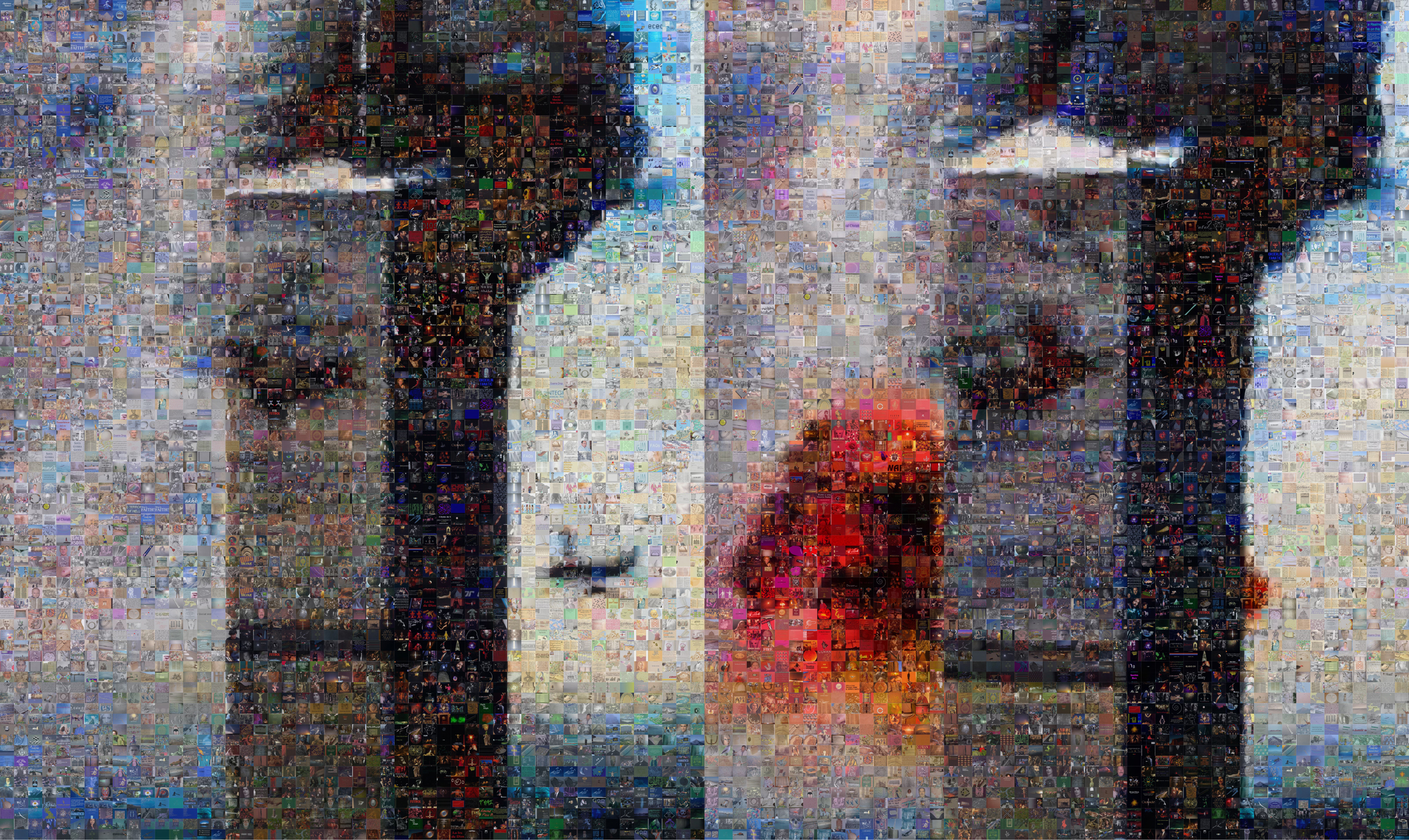 Joan Fontcuberta, GOOGLEGRAM: 11-S NY, 2005. Photos de la collision du 11 Septembre. Les photographies ont été reconstruites avec Photomosaic, un logiciel gratuit lié à Google Image. Le résultat est une composition de 8 000 images tirés d’Internet et qui correspondent à la recherche des termes « God », « Yahve » et « Allah ».