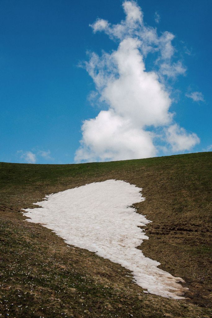 Une colline sur laquelle la neige n'a pas encore complètement disparu