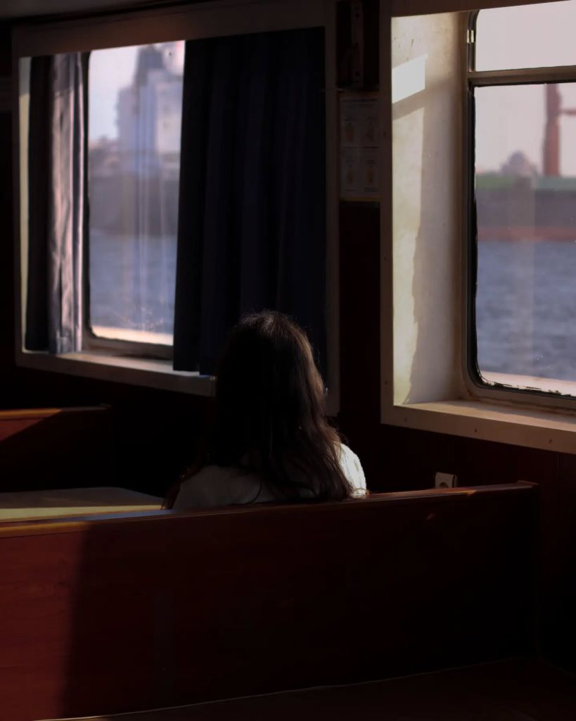 Personne de dos assise dans un train.